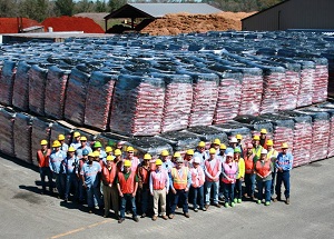 Employees in front of huge mulch stacks