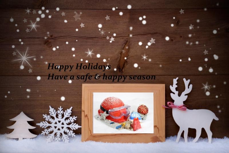 Holiday greeting with deer_ snowflake and red hardhat