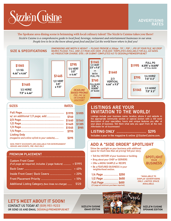 Sizzle'n Cuisine Spokane Edition 2015 Ad Info