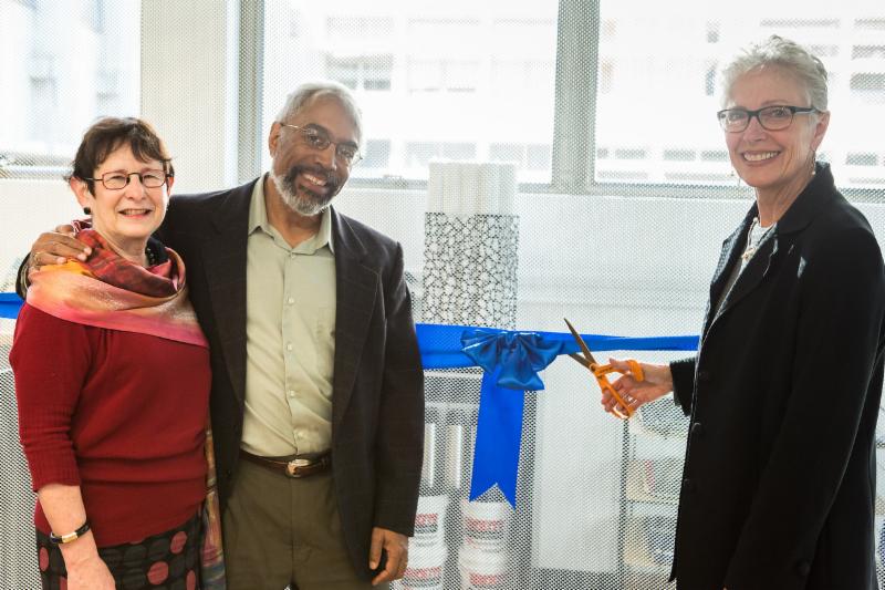 Cathy Koshland, Vice Chancellor Gibor Basri, and Jennifer Wolch at the Materials Store opening ribbon cutting ceremony. Photo by Tony Tieu. 