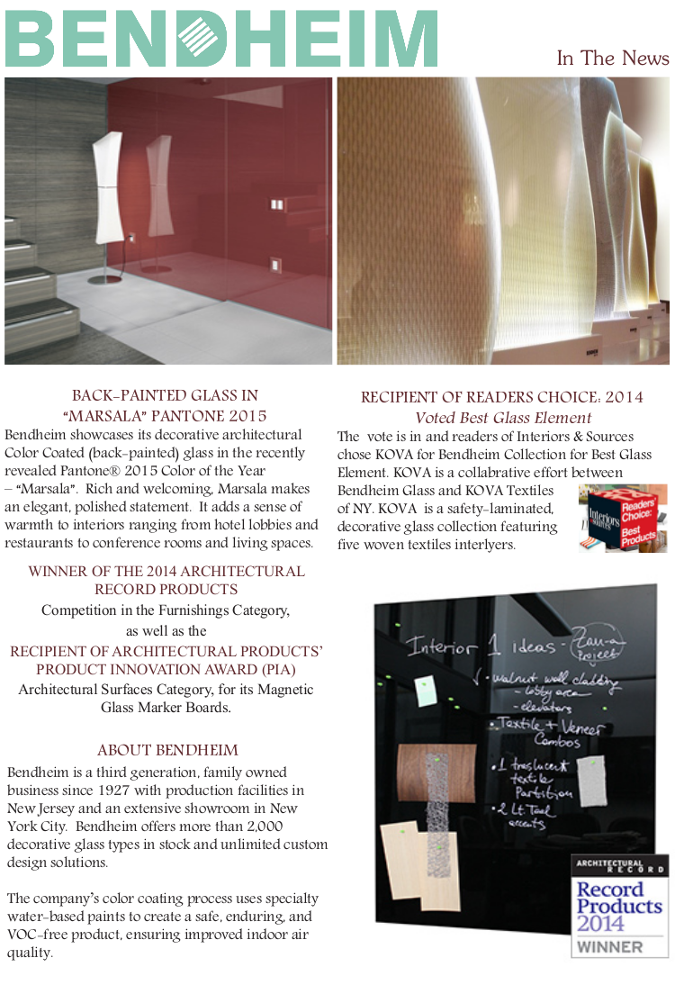 Bendheim Glass Product Awards Announcement