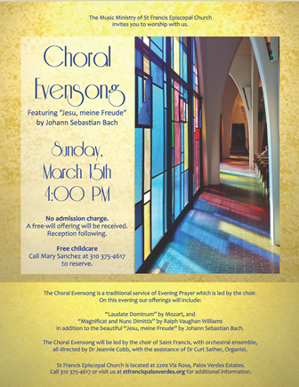 Choral Evensong St Francis church March 15th 4pm